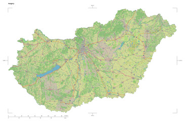 Obraz premium Hungary shape isolated on white. OSM Topographic German style map
