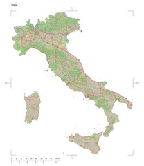 Italy shape isolated on white. OSM Topographic German style map