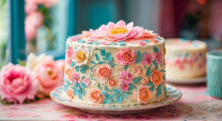 Fototapeta na wymiar Beautiful cake with cream flowers