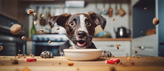 Curious Canine Enjoying a Delicious Meal from a Pet Food Bowl on the Floor