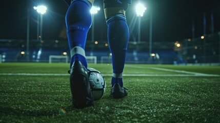 close-up image of a soccer player on the field at night, focused on their legs and the soccer ball...