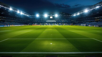 empty soccer stadium at night with bright field lights and a perfectly manicured pitch. The stadium seating and structural elements are visible, creating a sense of anticipation for an upcoming event