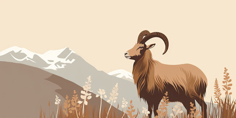 In beige tones, a sketch of a highland goat with snow-capped mountains in the background. Livestock animals in sepia colors.