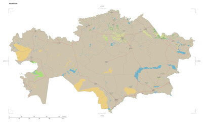 Fototapeta na wymiar Kazakhstan shape isolated on white. OSM Topographic German style map