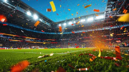 a vibrant scene at a soccer stadium with confetti flying through the air, indicating a celebration, possibly after a goal or a victory.