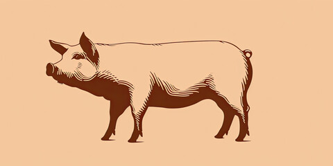 Obraz premium In beige tones, a sketch of a pig on a light background. Livestock animals in sepia color.