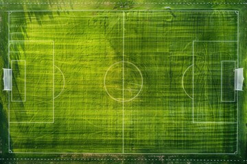 an aerial view of a vibrant green soccer field, showing the lines marking the playing areas, including the center circle, penalty areas, and the goals