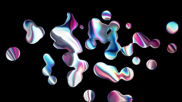 3D Liquid Metal Iridescent morphing blobs, holographic chrome texture shiny silver abstract shapes bubbles isolated on black background with alpha matte looping animation.