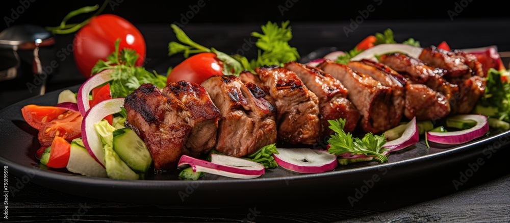 Poster succulent meat and fresh vegetables arranged beautifully on a rustic table setting