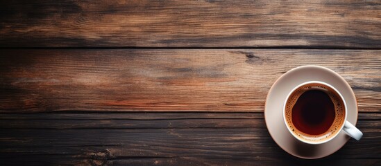 Inviting Cup of Freshly Brewed Coffee on Rustic Wooden Table in Cozy Cafe - obrazy, fototapety, plakaty