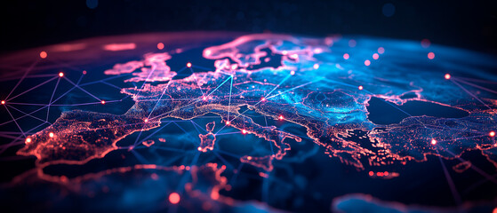 North America Europe connecting lines and dots. Telecommunications IT Computer Network Global communication concept Digital Cyberspace