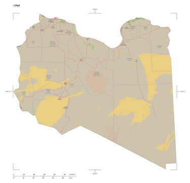 Libya shape isolated on white. OSM Topographic German style map