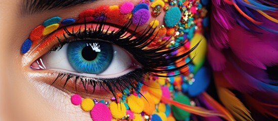 Vibrant Woman Posing with Colorful Makeup and Attractive Feathers in Elegant Fashion Portrait