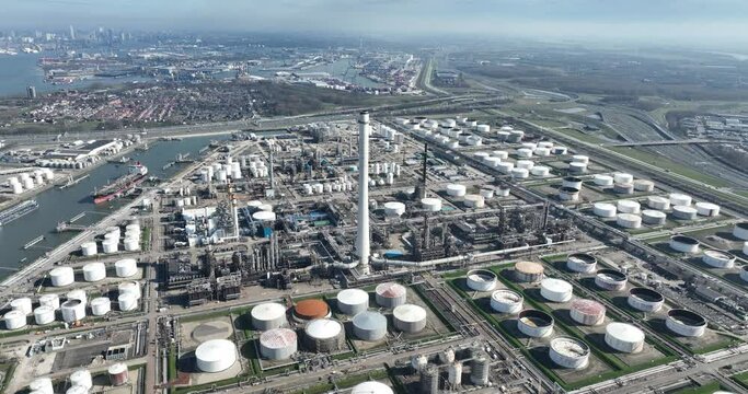 Aerial top down view on refinery petrochemical installation. 404,000 barrels of crude oil are processed per day. The main products made by the refinery are gas oil diesel, gasoline, kerosene, base