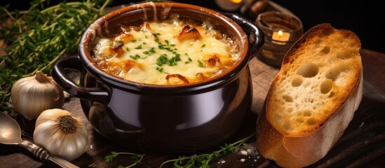 Satisfying Gourmet Meal: Rustic Bowl of Soup and Crispy Bread with Aromatic Garlic Cloves