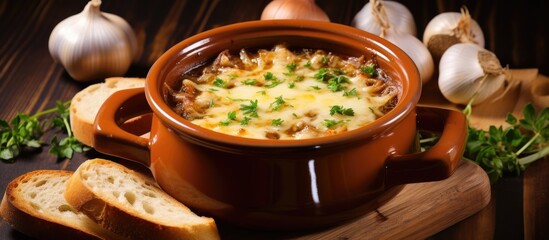 Savory Soup Served with Rustic Bread and Fresh Garlic Cloves for a Cozy Mealtime