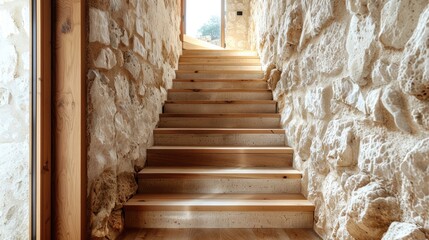Rustic wooden staircase with stone cladding wall. Generative Ai