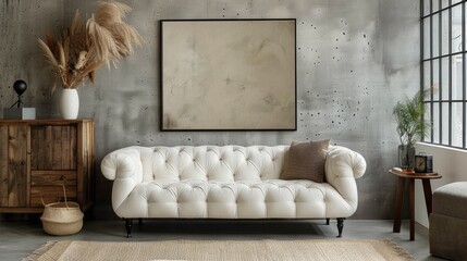 Antique cabinet next to white-tufted sofa versus contemporary. Generative Ai