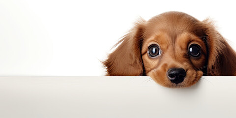 A brown puppy peeks behind a blank board on a white background. Advertising banner layout for a veterinary clinic or pet store.