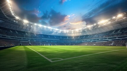 a soccer stadium filled with spectators during what appears to be dusk or dawn, with the sun setting or rising behind the structure. The field is lit by the stadium lights