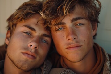 Portrait of a gay couple on a wall background