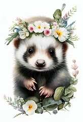Baby skunk in watercolor style on white background. Animal with Flowers colorful Crown. Cute wildlife animal cartoon drawing. Decorative kids background. include "Generative AI"	
