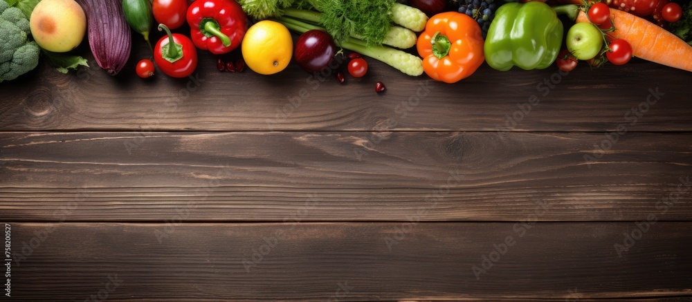 Poster a bountiful array of colorful organic fresh vegetables on rustic wooden background