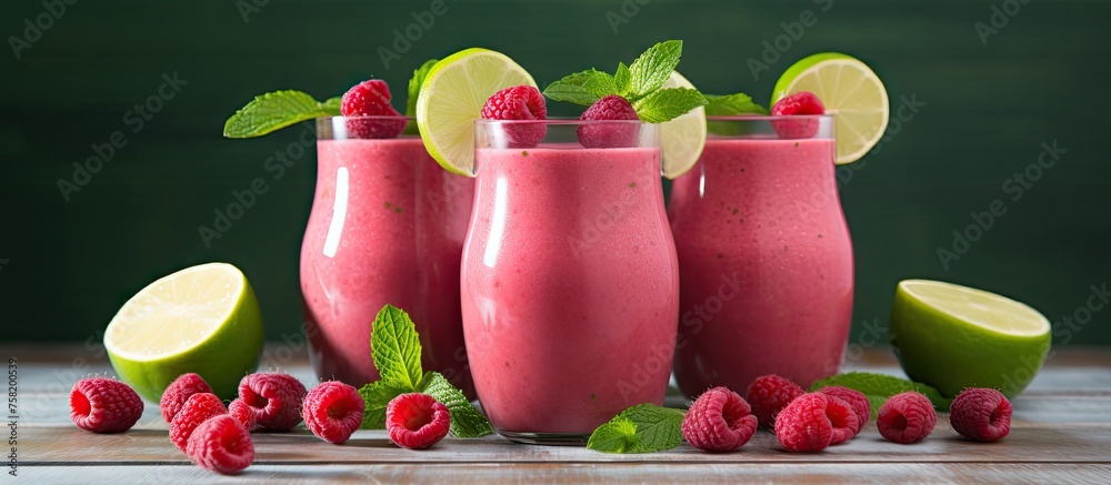 Poster Vibrant Fruits Blend Together in a Refreshing Smoothie Creation with a Beautiful Gradient Background