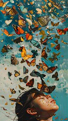 A woman is surrounded by a cloud of butterflies. The butterflies are of various colors and sizes, and they are flying all around her. Concept of freedom and joy