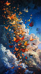 Fototapeta na wymiar A painting of a cloud of butterflies with a blue sky in the background. The butterflies are of various colors and sizes, and they seem to be flying in a spiral motion