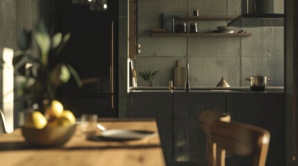a realistic kitchen dining shot, designed by Gallotti&Radice, daytime, low angle, gray theme, loft style, minimalistic detail, serene mood - obrazy, fototapety, plakaty