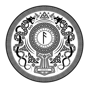 Ansuz Rune Shield: Vector Illustration with Norse Pagan Seal Design, Dragon Motifs, and Mjolnir Thor's Hammer Incorporation
