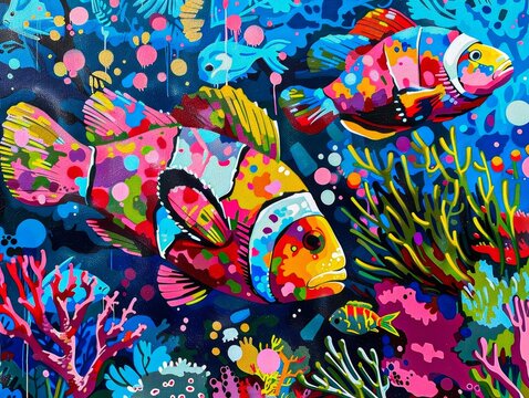 Two colorful fish swimming in a blue ocean with a coral reef in the background. The painting is vibrant and lively, capturing the essence of the underwater world