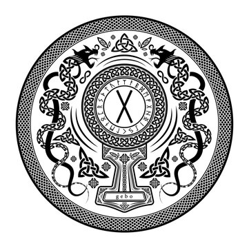 Gebo Rune Shield: Vector Illustration with Norse Pagan Seal Design, Dragon Motifs, and Mjolnir Thor's Hammer Incorporation
