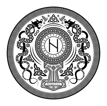Hagalaz Rune Shield: Vector Illustration with Norse Pagan Seal Design, Dragon Motifs, and Mjolnir Thor's Hammer Incorporation