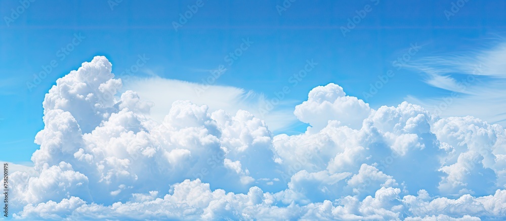 Poster tranquil beach scene with soft white clouds floating in the blue sky