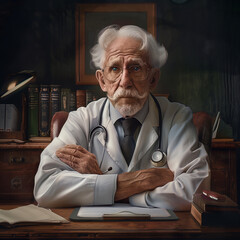 portrait d'un médecin âgé, âge de la retraite pour les médecins, - obrazy, fototapety, plakaty