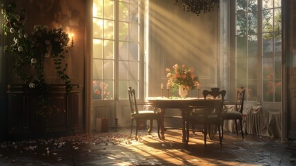 a room with a table and chairs, flowers and candles, in the style of rim light, bec winnel, award-winning, tondo, alfred heber hutty, li chevalier, atmospheric lighting
