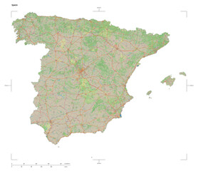Spain shape isolated on white. OSM Topographic German style map