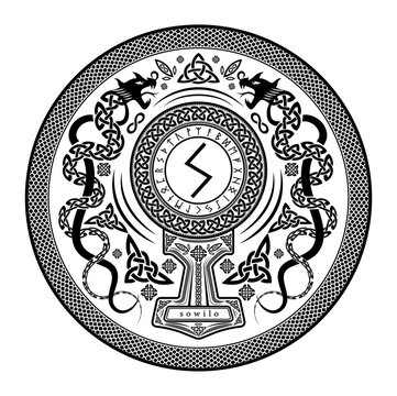 Sowilo Rune Shield: Vector Illustration with Norse Pagan Seal Design, Dragon Motifs, and Mjolnir Thor's Hammer Incorporation