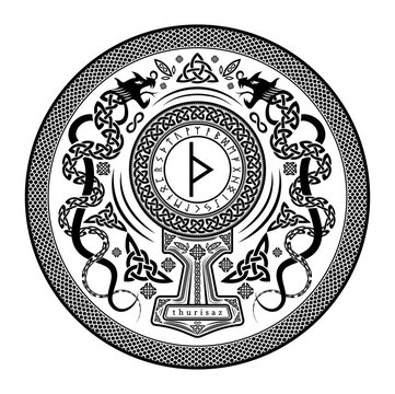 Thurisaz Rune Shield: Vector Illustration with Norse Pagan Seal Design, Dragon Motifs, and Mjolnir Thor's Hammer Incorporation