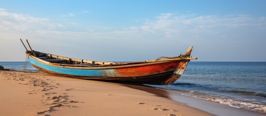 Lone Boat Rests on Sandy Shoreline, Embraced by Calm Ocean Waves and Serene Coastal Beauty