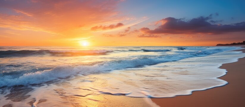Tranquil Beach Setting with Majestic Sunset and Serene Ocean Waves