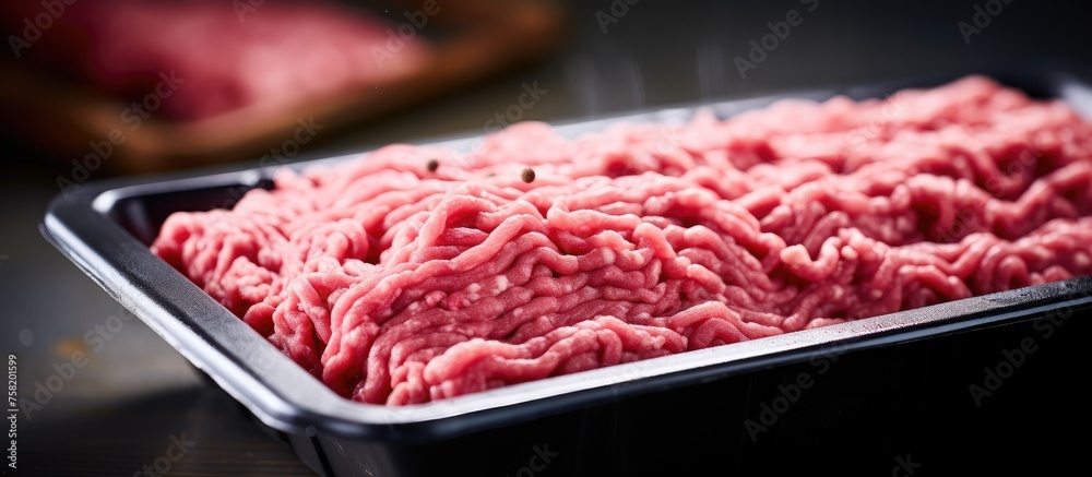 Poster fresh ground beef displayed in a black container for food presentation
