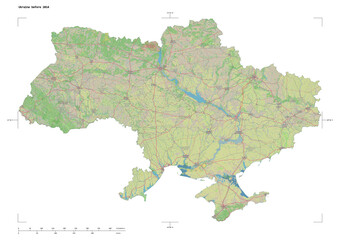 Ukraine before 2014 shape isolated on white. OSM Topographic German style map