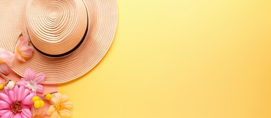 Summer Vibes: Stylish Hat, Sunglasses, and Blooming Flowers on Vibrant Yellow Background