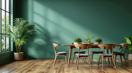 Wooden dining table and chairs with a green wall backdrop. Generative Ai