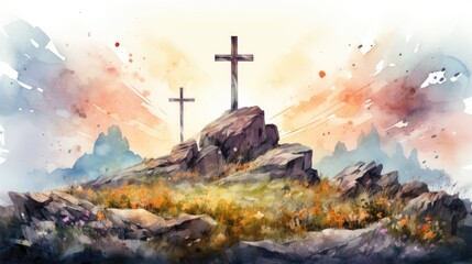 Three crosses at sunrise on the summit of the mountain. Generative Ai