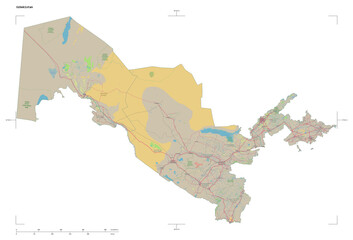 Uzbekistan shape isolated on white. OSM Topographic German style map