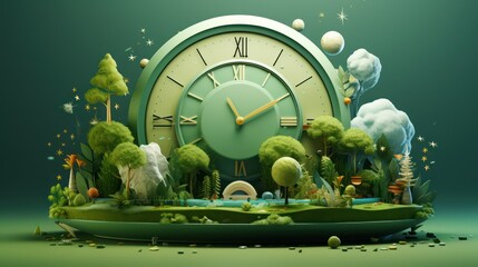 Green fantasy landscape with clock, trees and clouds